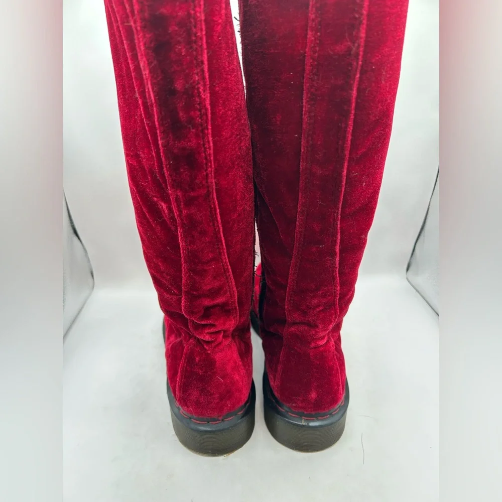 RARE Dr Martens red velvet  20 eye tall knee high zip Combat boots Men10 Women11 - Picture 10 of 16